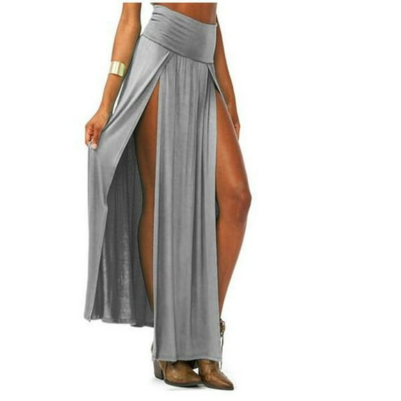 Women's Double Split Maxi Long Skirt Flowy Elegant Two Side Slit Casual Comfortable Stretchy Waistband Lightweight Summer
