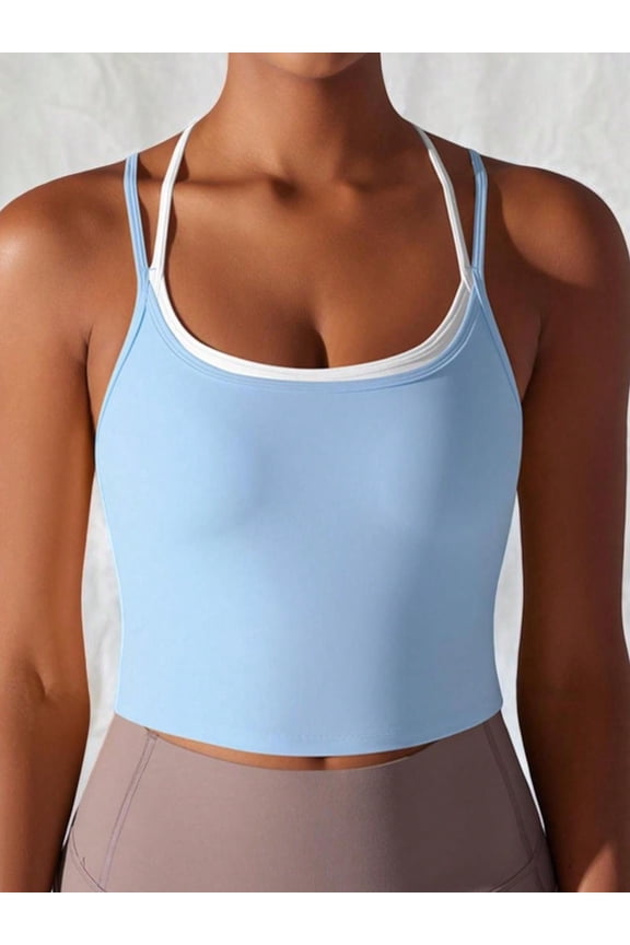 Women's Double Strap Athletic Crop Tank Top with Built-In Bra- Large, Blue