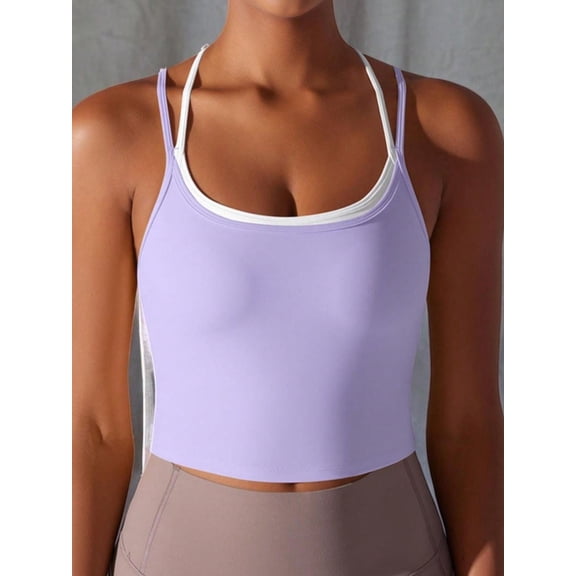 Women's Double Strap Athletic Crop Tank Top with Built-In Bra- Large, Purple