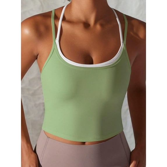Women's Double Strap Athletic Crop Tank Top with Built-In Bra- Small, Green