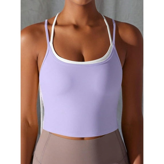 Women's Double Strap Athletic Crop Tank Top with Built-In Bra- Small, Purple