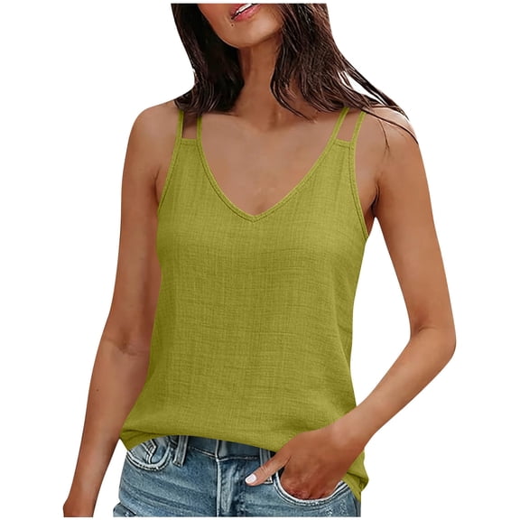 Women’s Double Straps Tank V-Neck Sleeveless T-Shirt Summer Linen Breathable Comfy Tops,Yellow,S