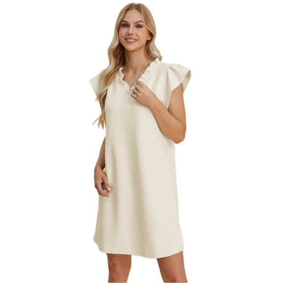Women's Double Take Full Size Ruffled V Neck Cap Sleeve Dress Sheer Overlay 98% Polyester 2% Elastane for Everyday Wear