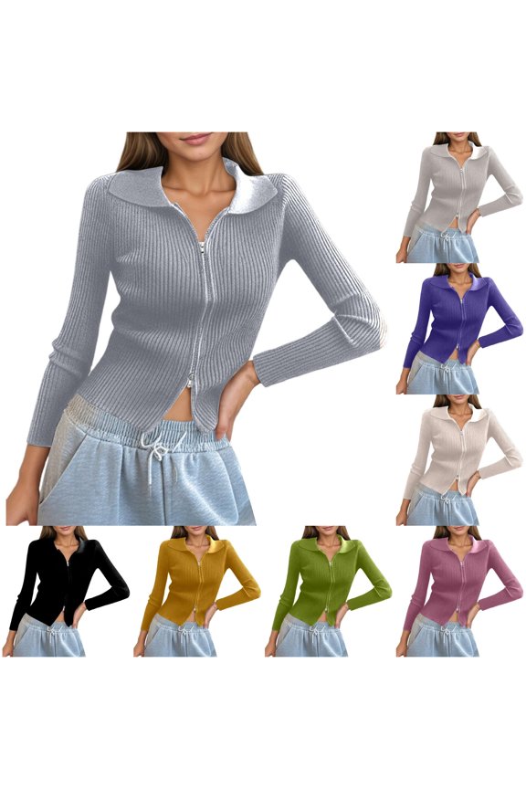 Women's Double Zip Ribbed Knit Cardigan Tight Fitting Crop Top with Collar Slim Fit Long Sleeve Casual Knitted Sweater Jacket Open Front Lightweight Spring Summer Going Out Tops