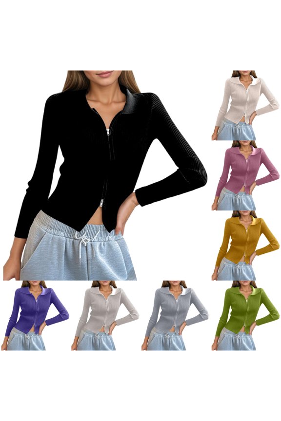 Women's Double Zip Ribbed Knit Cardigan Tight Fitting Crop Top with Collar Slim Fit Long Sleeve Casual Knitted Sweater Jacket Open Front Lightweight Spring Summer Going Out Tops
