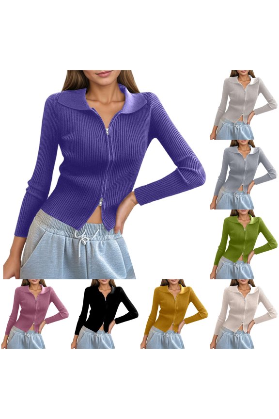 Women's Double Zip Ribbed Knit Cardigan Tight Fitting Crop Top with Collar Long Sleeve Compression Shirts for Women