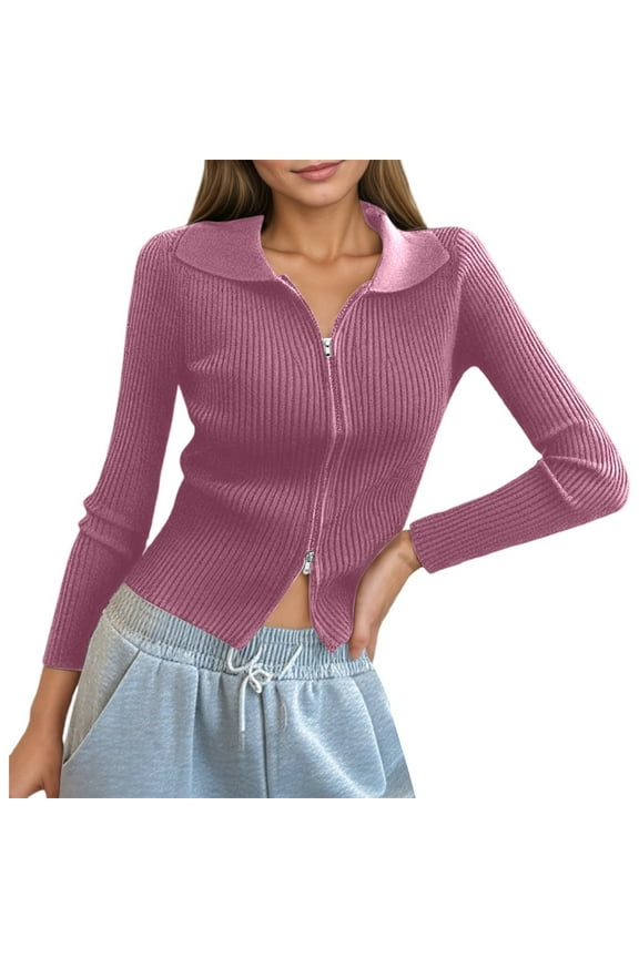 Women's Double Zip Ribbed Knit Cardigan - Tight-Fitting Crop Top with Collar - Modern Design - Soft Textured Fabric - One Size Fits Most