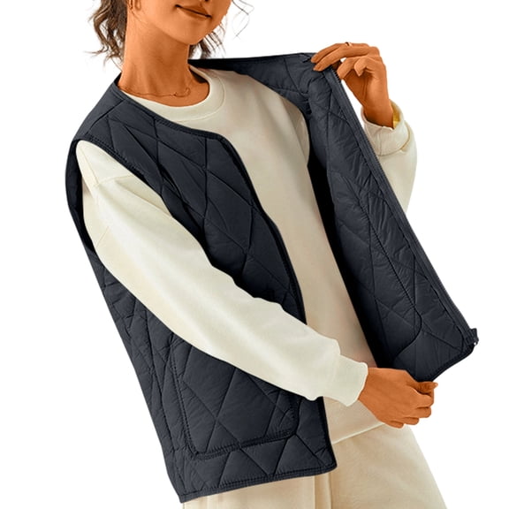 Women's Double-sided Cotton Padded Sleeveless Vest Jacket, Stand Collar, Black, Size XXL