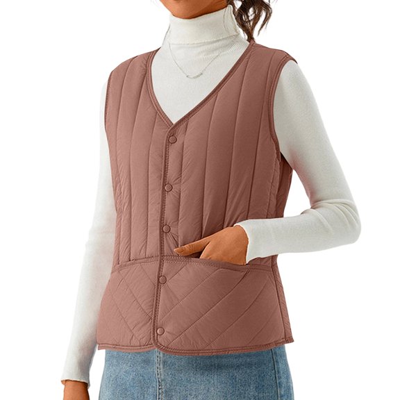 Women's Double-sided Cotton Padded Sleeveless Vest Jacket, Stand Collar, Brown, Size XXL
