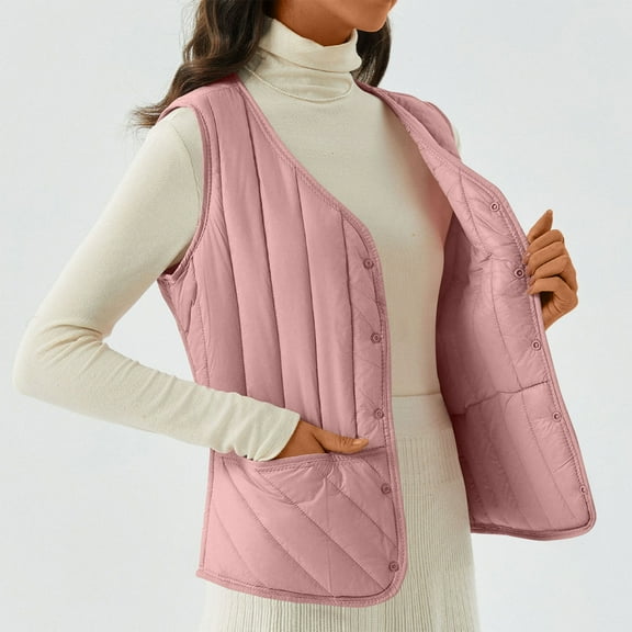Women's Double-sided Cotton Padded Sleeveless Vest Jacket, Stand Collar, Pink, Size XL