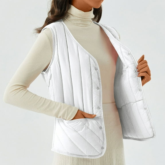 Women's Double-sided Cotton Padded Sleeveless Vest Jacket, Stand Collar, White, Size XL