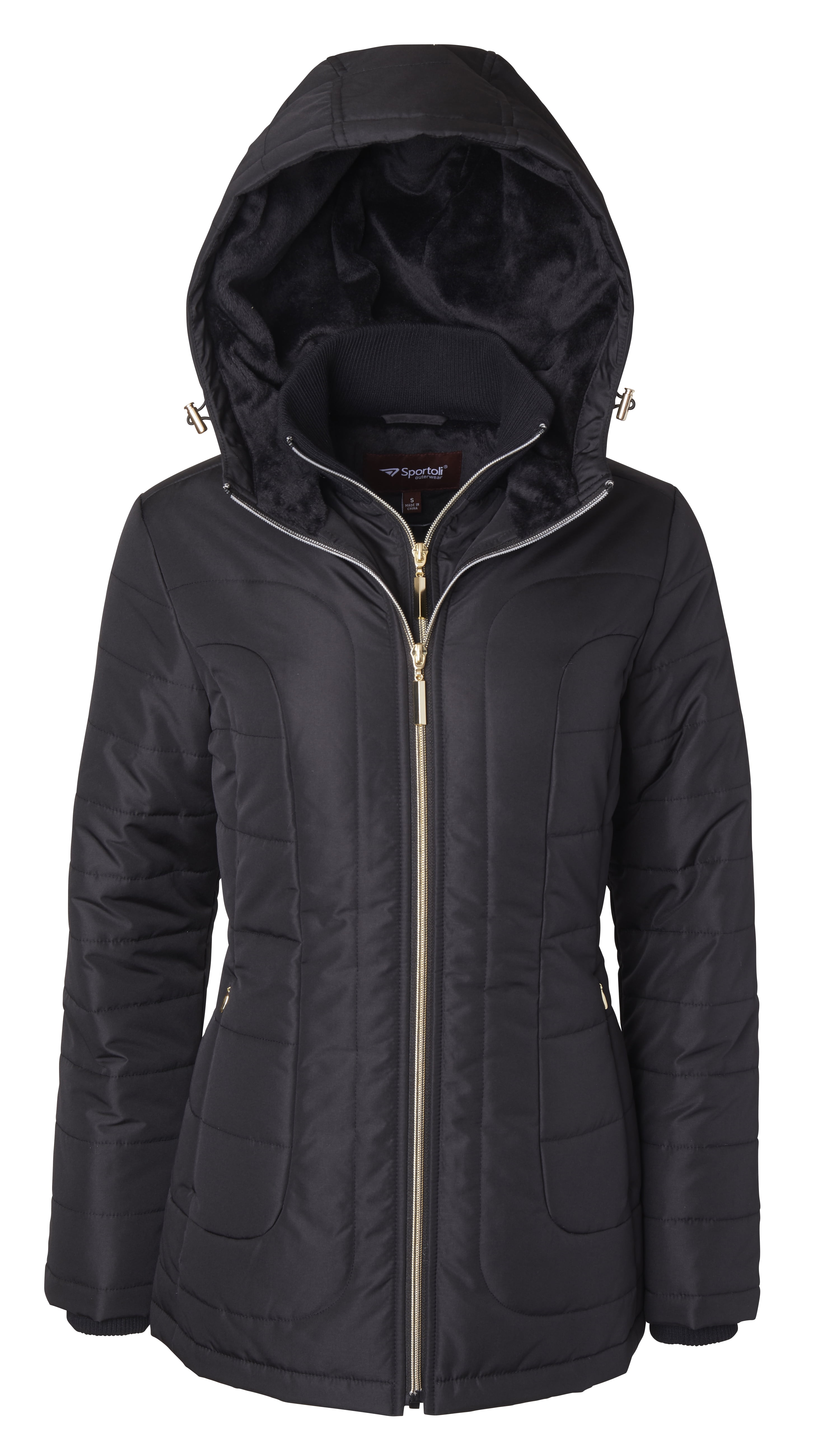 Women's Down Alternative Quilted Midlength Vestee Puffer Jacket Plush Lined Hood Black (2X