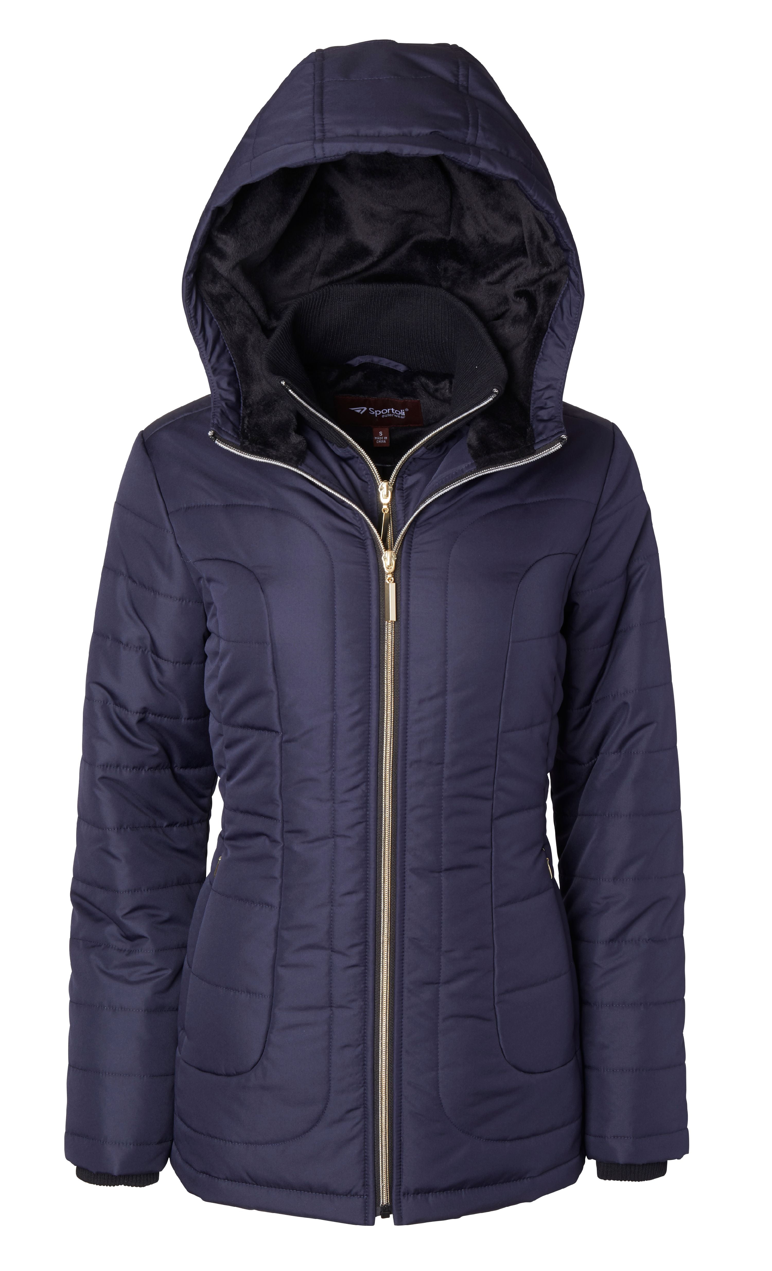 Women's Down Alternative Quilted Midlength Vestee Puffer Jacket Plush Lined Hood Stormy Night