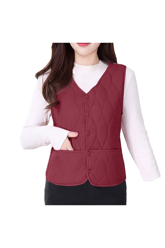 Women's Down Cotton Button Vest V-Neck Sleeveless Slim Fit Lightweight Warm Puffer Waistcoat For Fall Winter with Pockets