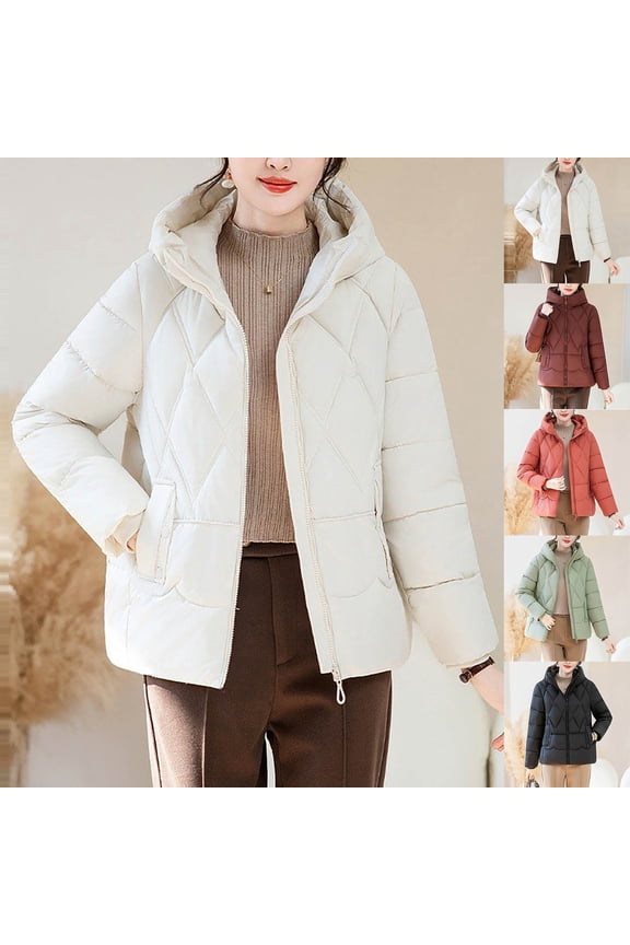 Women's Down Jacket Solid Color Padded Jacket Long Sleeve Winter Casual Comfortable Zip Up Hooded Jacket with Pockets Coat for Women