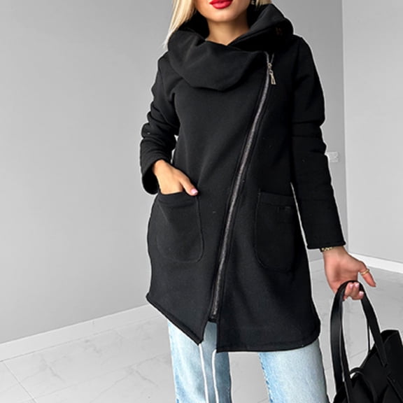 Women's Down Jacket and Parka with Snow Leopard Fleece Lining, Winter Coat, Double-zip Hooded Jacket, Warm and Thick Coat Black L