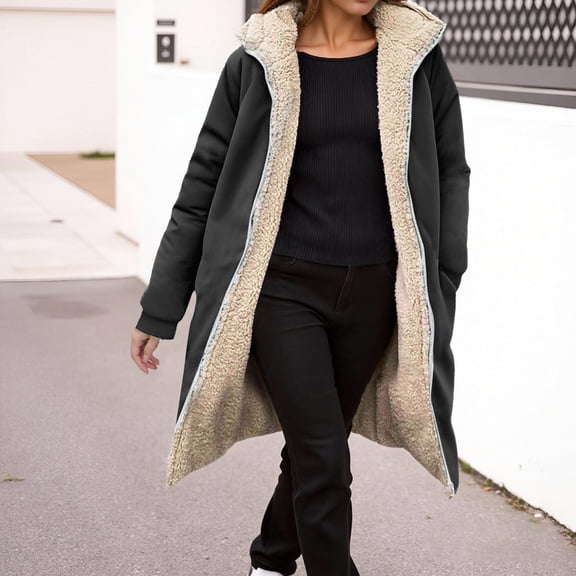 Women's Down Jacket and Parka with Snow Leopard Fleece Lining, Winter Coat, Double-zip Hooded Jacket, Warm and Thick Coat Black M