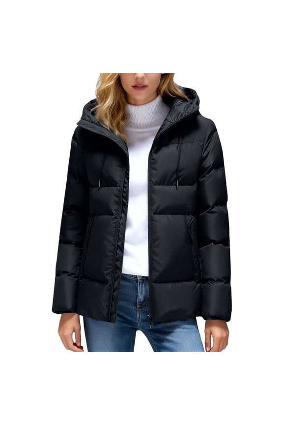 Women's Down Puffer Jacket with Hood Lightweight Thermal Quilted Coat with Pockets Zip-up Winter Warm Jacket