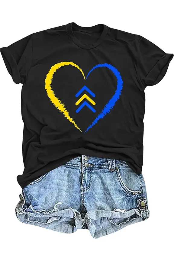 Women's Down Syndrome Awareness Heart Graphic T-Shirt Retro Trisomy 21 Support Tee The Lucky Few Chevrons Blue and Yellow Print Top