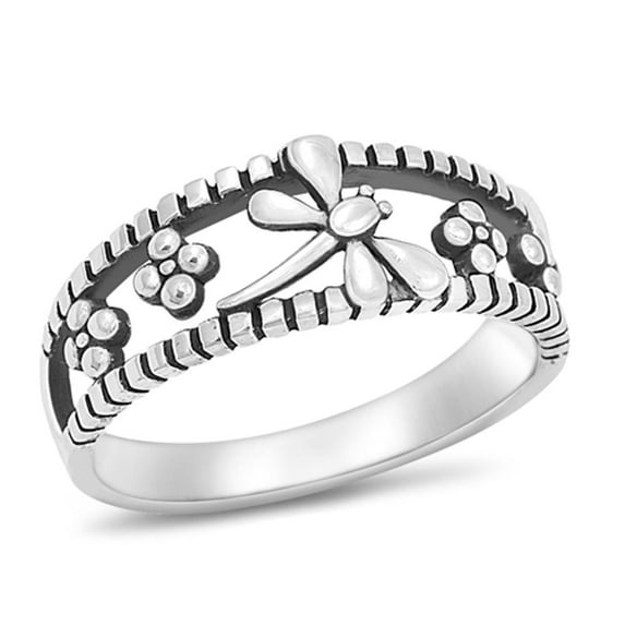 Women's Dragonfly Flower Ring .925 Sterling Silver Band Jewelry Female Male Unisex Size 5