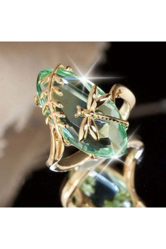 Women's Dragonfly Water Olive Green 18 K Gold Plated Ring