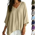 thumbnail image 1 of Women's Draped 3/4 Sleeve Poncho Top V Neck Loose Fit Batwing Blouse Lightweight Flowy Shirts for Fall Travel Daily Wear, Khaki, XL, 1 of 8