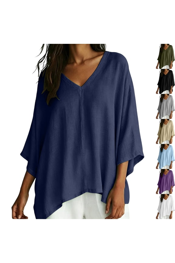 Women's Draped 3/4 Sleeve Poncho Top V Neck Loose Fit Batwing Blouse Lightweight Flowy Shirts for Fall Travel Daily Wear, Navy, L