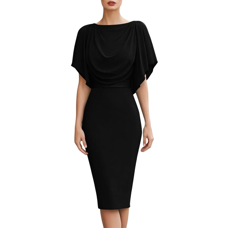 Women's Draped Cowl Neck Bodycon Midi Dress Bawting Sleeve Elegant Sheath Pencil Dress formal office Cocktail Wedding Guest Dress Black