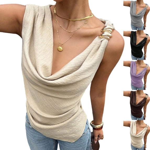 Women's Draped Cowl Neck Ruched Sleeveless Tank Top Going Out Tops Elegant Brunch Outfit Summer Beach Vacation Going Out Womens Tops Black L