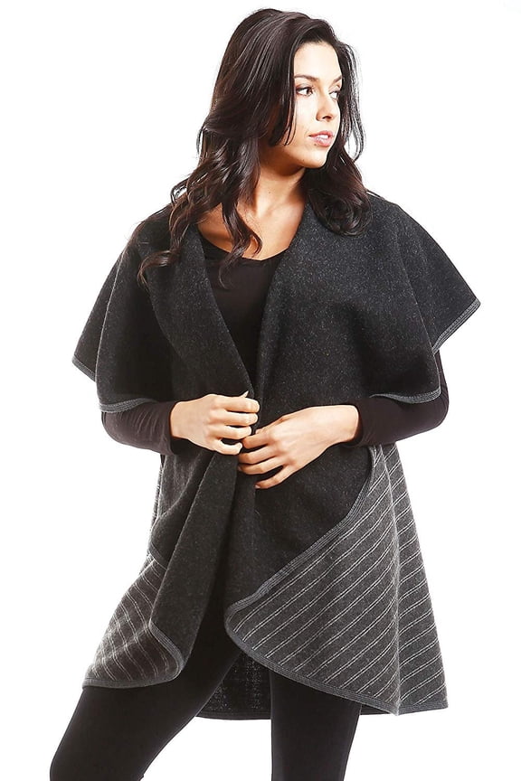 Women's Draped Double Sided Soft Brush Stripe Fall Cape Shawl Vest Grey