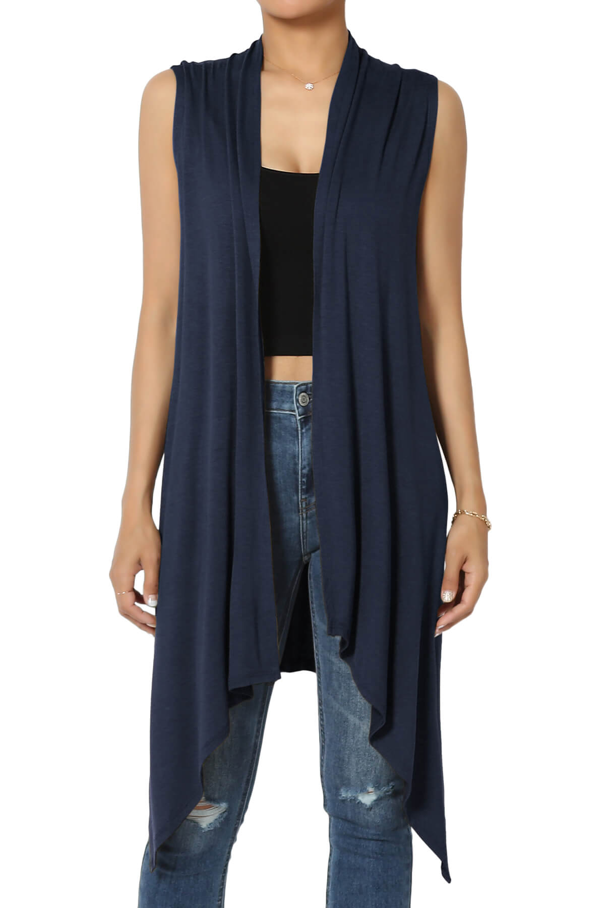 Women's Asymmetric Draped Cardigan Vest - Sleeveless Open Front Long Vest, Solid Color
