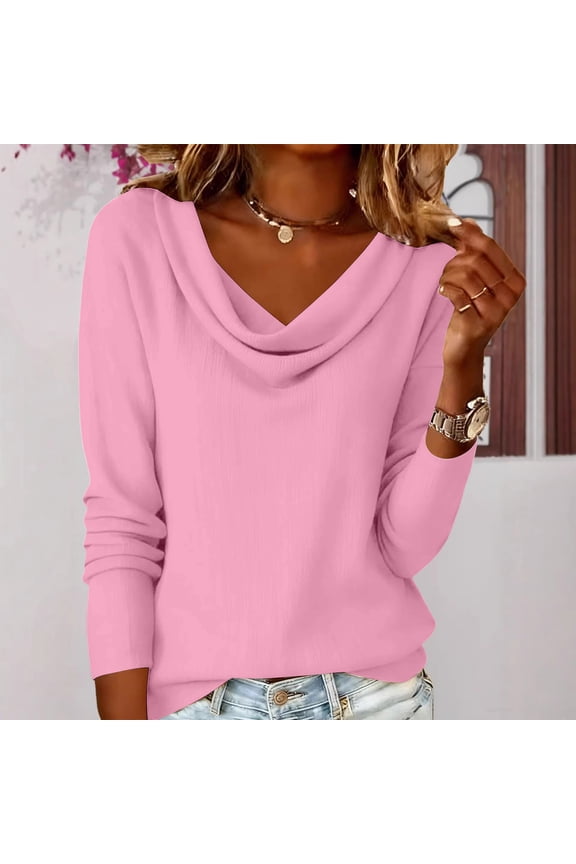 Women's Draped Neck Tee, Scoop Neck Long Sleeve Solid T-Shirt, Elegish Basic Top for Spring Fall Transition or Daily Commute,Pink - M