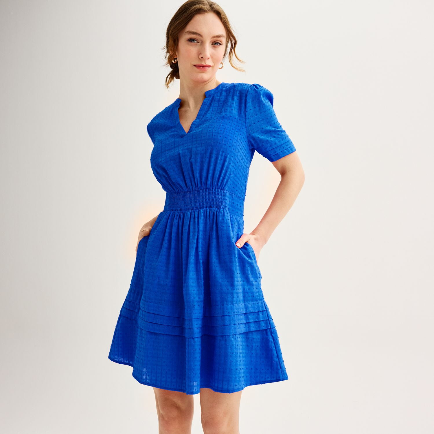 draper james blue dress Women's Draper James Dotted Windowpane Smocked Waist V-Neck Mini Dress  Color: Blue Size: X LARGE