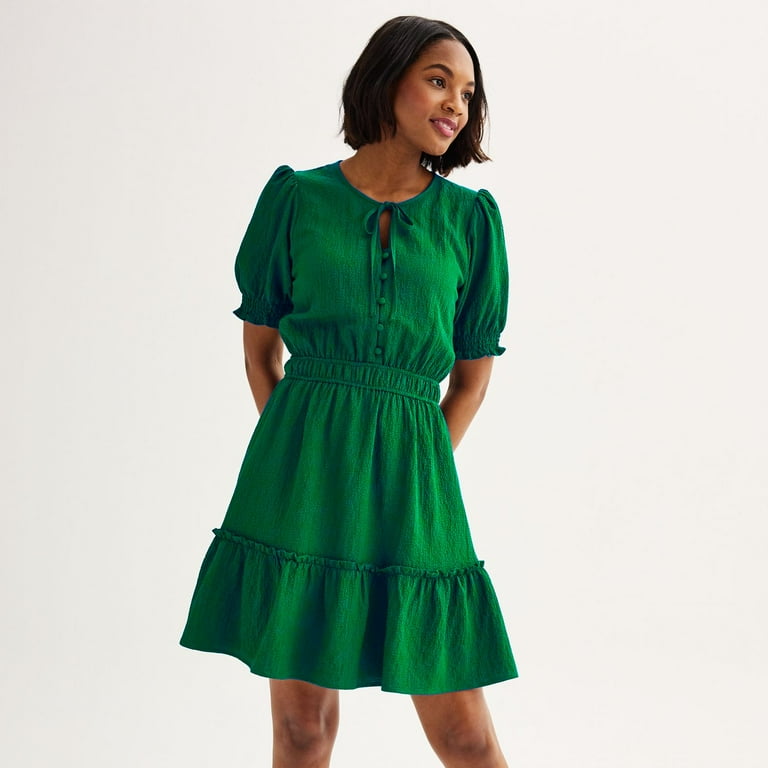 Green fit and flare dress with sleeves hotsell