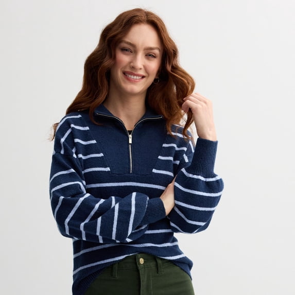 Women's Draper James Quarter Zip Pullover Sweater Color: Blue Tonal Stripe Size: LARGE