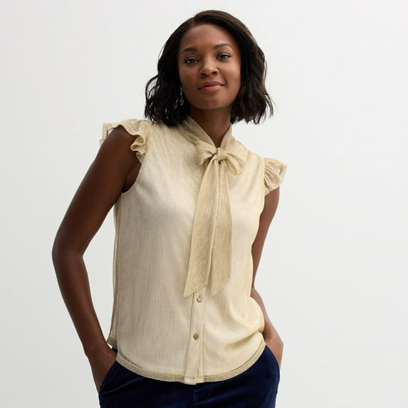 Women's Draper James Sleeveless Tie Neck Button Front Top Color: Gold Size: MEDIUM