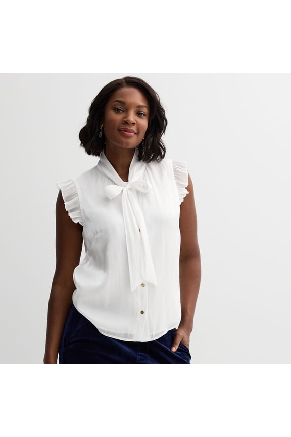 Women's Draper James Sleeveless Tie Neck Button Front Top Color: White Size: LARGE