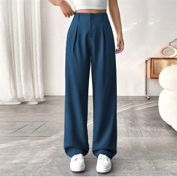 Women's Draping High Waist Straight Leg Pants, Slim Fit Work Trousers, Lightweight Casual Office Pants for Summer, Business, and Everyday Versatile Wear Dark Blue S