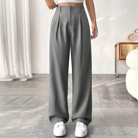 Women's Draping High Waist Straight Leg Pants, Slim Fit Work Trousers, Lightweight Casual Office Pants for Summer, Business, and Everyday Versatile Wear Grey L