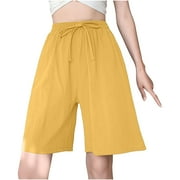JSKUMAR Women's Drawstring Bermuda Shorts Cotton Linen Summer Solid Breathable Pocketed Shorts Wide Leg Elastic Waist Pull-on Short with Pockets Beach Vacation(XL,Yellow)