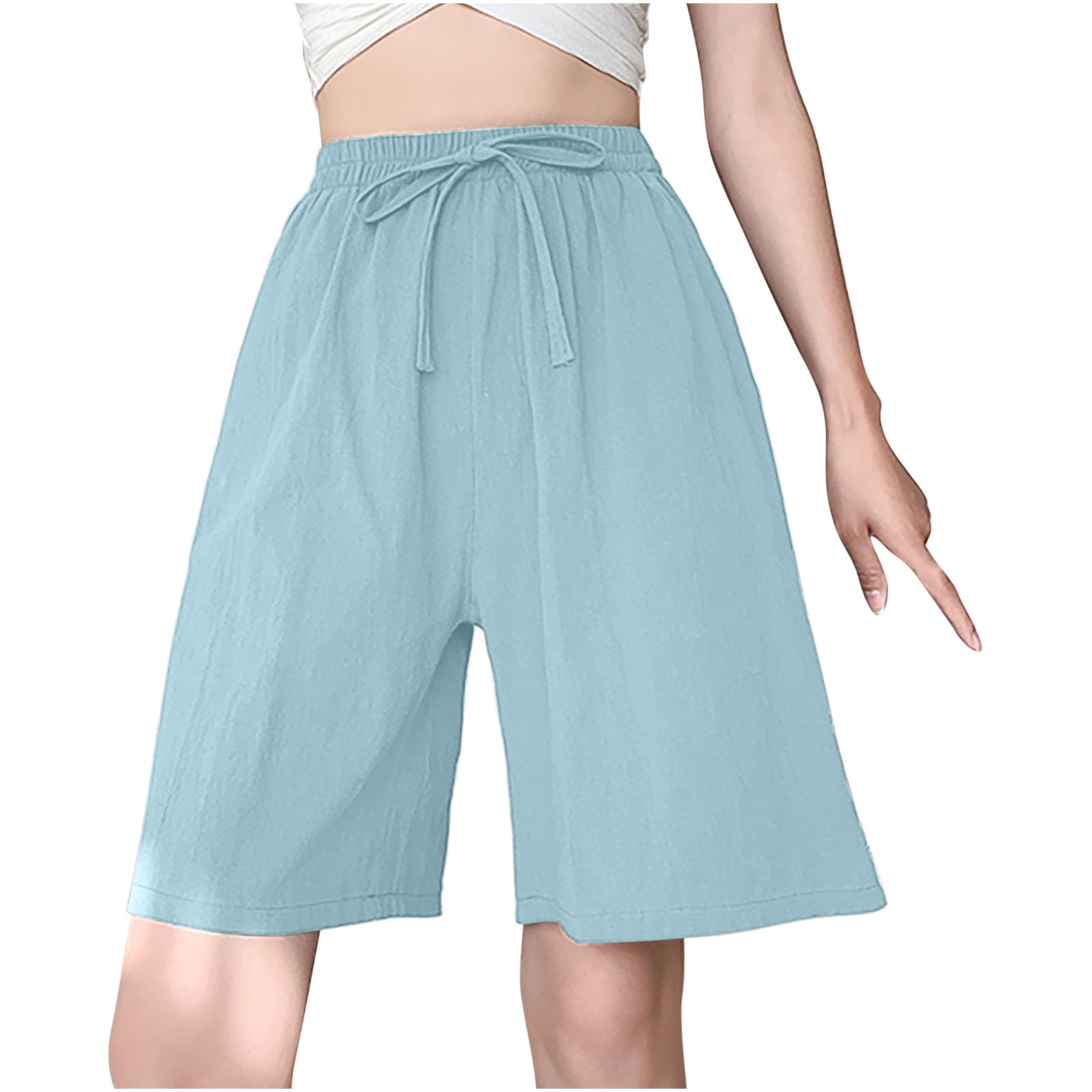 Women's Drawstring Bermuda Shorts Cotton Linen Summer Solid Breathable