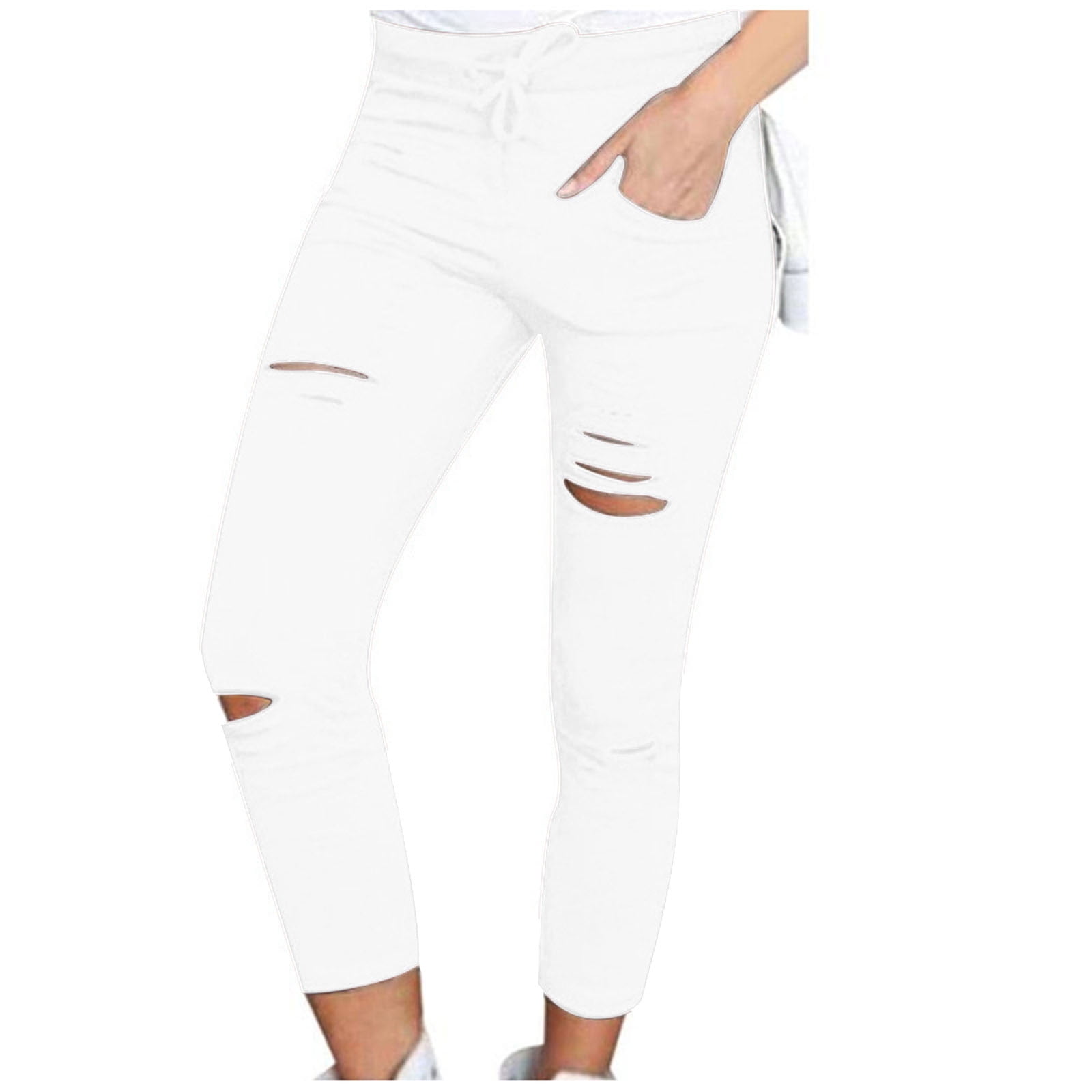 Women's Drawstring Capris Solid High Waist Cutout Ripped Skinny