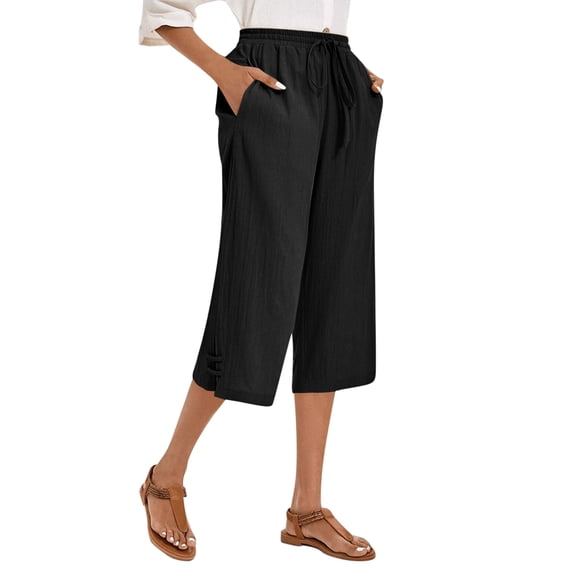 Women's Drawstring Capris with Pockets Elastic Waist Split Wide Leg Linen Capri Pants for Lounge Beach Summer (XL, Black)