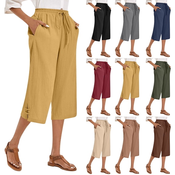 Women's Drawstring Capris with Pockets Elastic Waist Split Wide Leg Linen Capri Pants for Lounge Beach Summer (XL, Yellow)