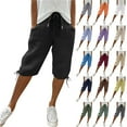 thumbnail image 1 of Women's Drawstring Cargo Capri Shorts with Pockets, High Waist Elastic Waist Casual Bermuda Shorts, Adjustable Hem Athletic Lounge Hiking Shorts for Travel Everyday Wear Purple L, 1 of 8