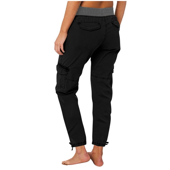 Women's Drawstring Cargo Pants Solid Color Sweatpants with Pockets Classic-Fit Tie Bottom Trousers