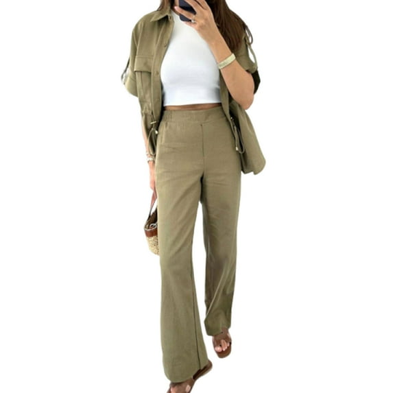 Women's Drawstring Casual Cargo 2-Piece Set,Women Casual Drawstring Waist Shirt Straight Pants Set