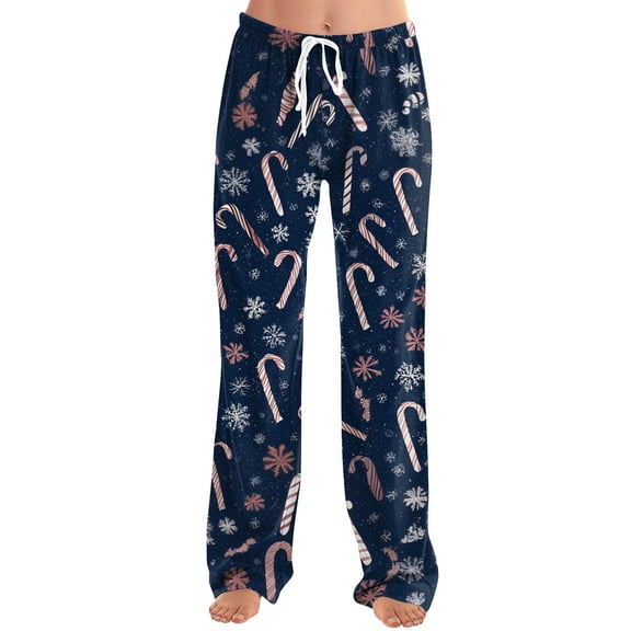 Women's Drawstring Christmas Printed Casual Pants, Comfortable Home and Sleepwear Bottoms, Elastic Waist with Cuffs for Easy Wear, Long Pants for Winter, Navy, S