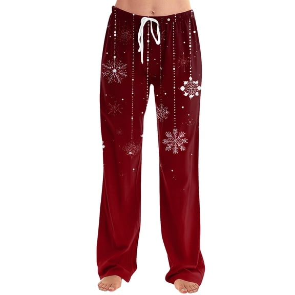 Women's Drawstring Christmas Printed Casual Pants, Comfortable Home and Sleepwear Bottoms, Elastic Waist with Cuffs for Easy Wear, Long Pants for Winter, Vermilion, S