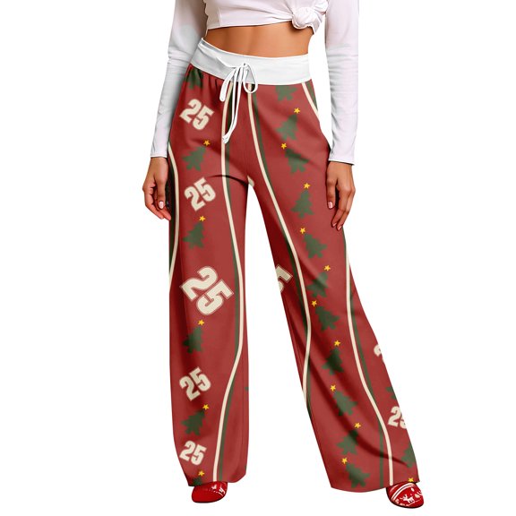 Women's Drawstring Christmas Printed Casual Pants, Full Length Long Trousers for Winter Sports Wear, Comfortable and Festive Design,Wine,M